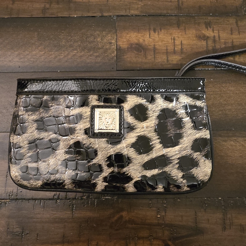 Anne Klein Black & Tan Leopard Print Patent Leather Wristlet/Clutch